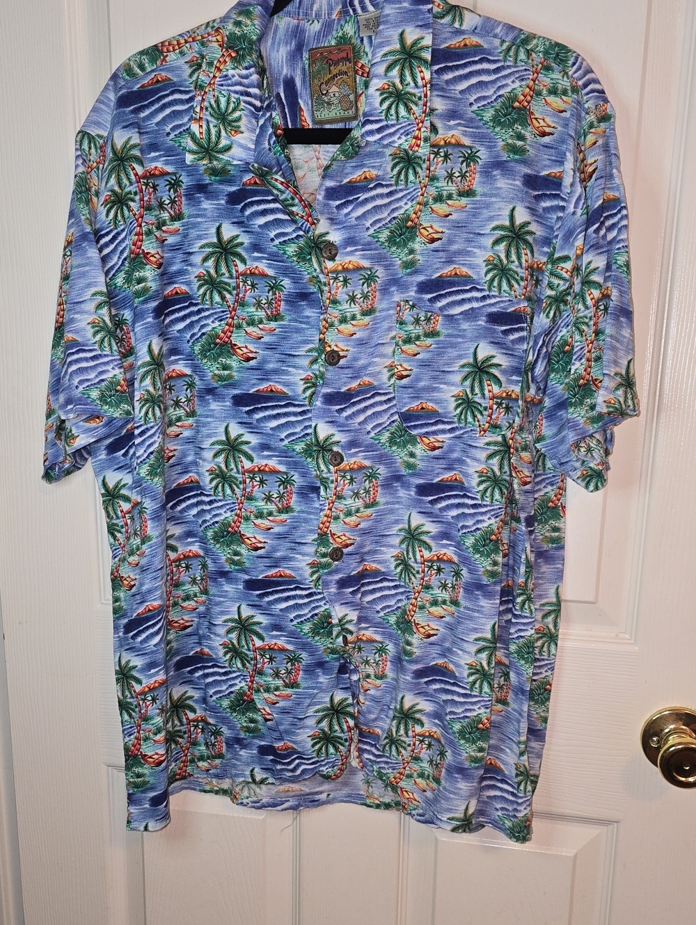 Men's Blue Tropical Print Short-Sleeve Button-Down Shirt